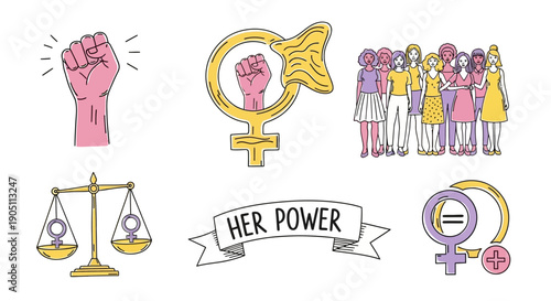 Empowerment icons representing women's rights and equality through various symbols and graphics