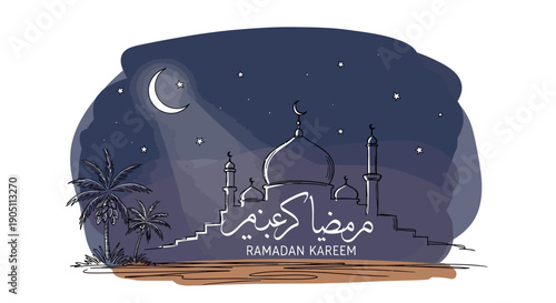 Nighttime illustration of mosque with crescent moon and stars during Ramadan Kareem celebration