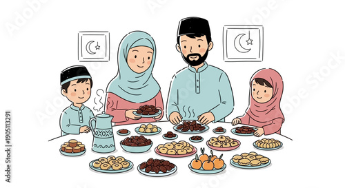 Family Gathering for Ramadan Meal with Traditional Food and Drinks