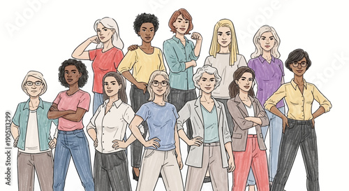 Diverse group of confident women standing together in a vector illustration
