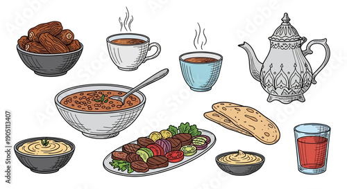 Assorted Middle Eastern Cuisine and Beverages on a Table