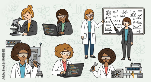 Scientists working together in a laboratory setting with various equipment and technology on whiteboard Whisk_d6de23357b3365489ce4f3142f10b6bbdr.eps