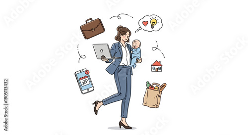 A businesswoman floats amidst floating office supplies and shopping bags in a surreal illustration