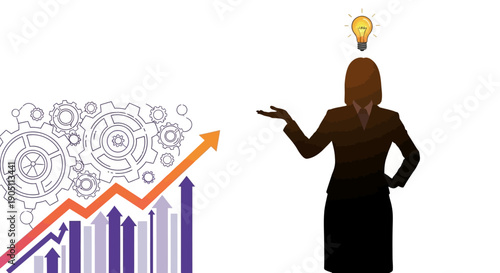 Businesswoman contemplating ideas with graphs and lightbulb above her head, illustrating innovative thinking and business strategy.