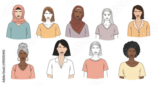 Diverse group of women from various ethnic backgrounds and ages standing together in a flat illustration style