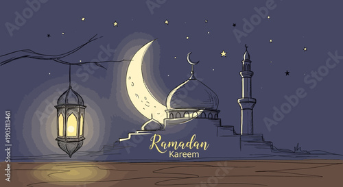 Moonlit mosque with lanterns and stars celebrating Ramadan during a peaceful night with a serene landscape view
