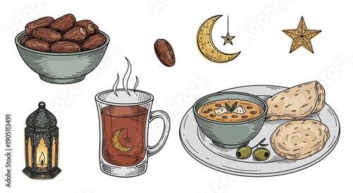 Celebratory Middle Eastern feast with dates, tea, and traditional dishes under starlight