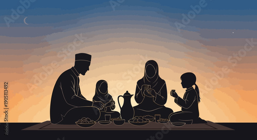 Family gathered together for iftar meal during Ramadan at dusk outdoor setting with silhouette view