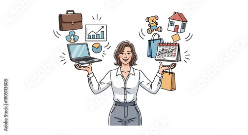 A woman juggling various office tasks and objects with a smile, surrounded by floating items