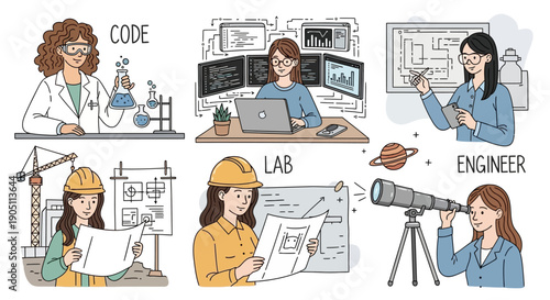 Women in various STEM professions illustrated in a simple graphic style