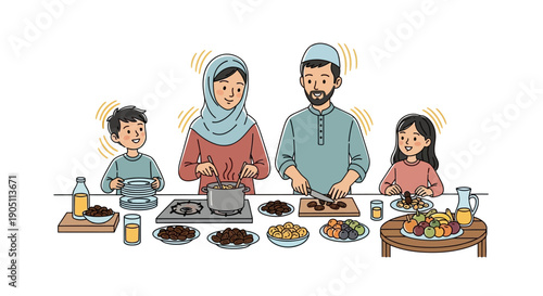 Family preparing meal together in a warm kitchen environment from a straight-on viewpoint
