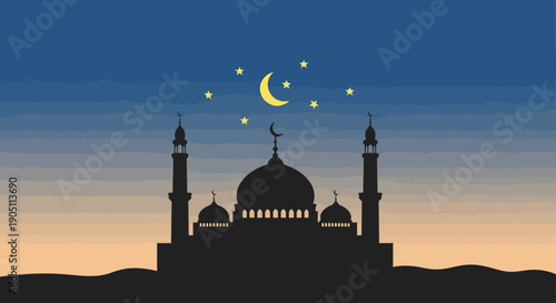 Serene mosque silhouette at dusk with crescent moon and stars shining brightly in the evening sky vector illustration