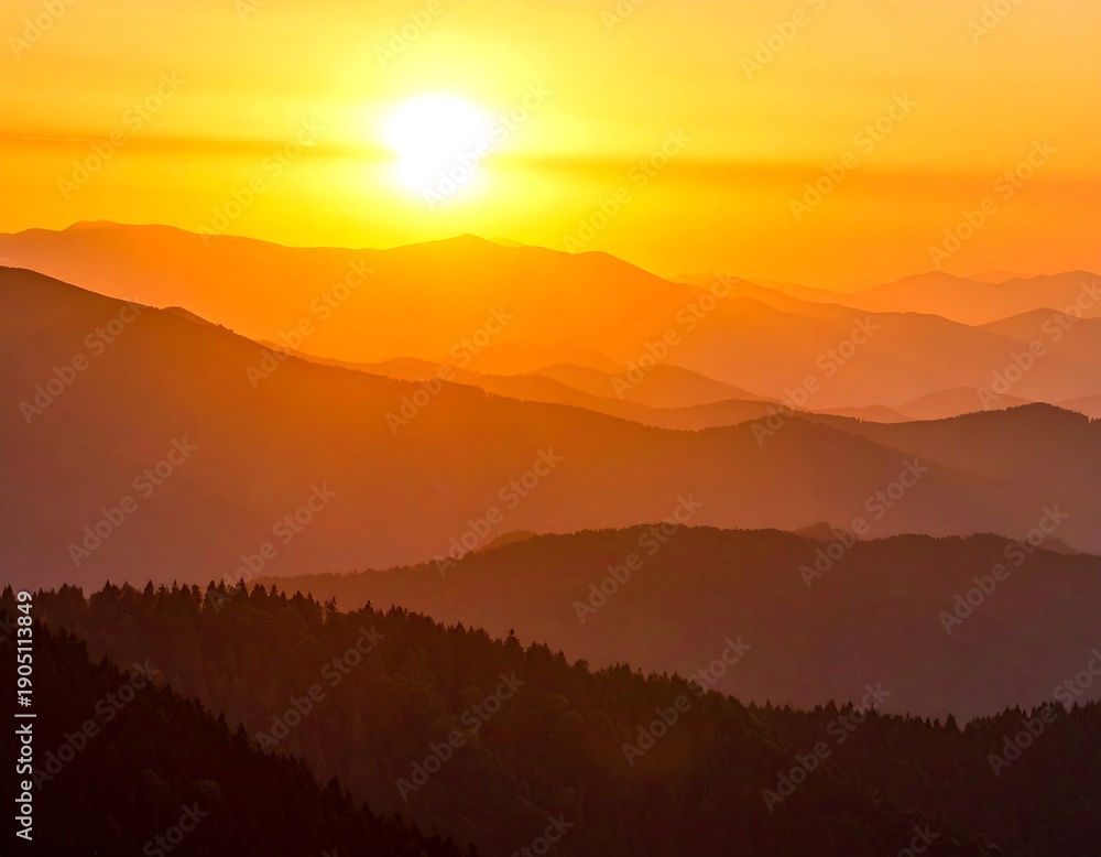 Obraz premium Golden sunset paints layered mountain silhouettes
