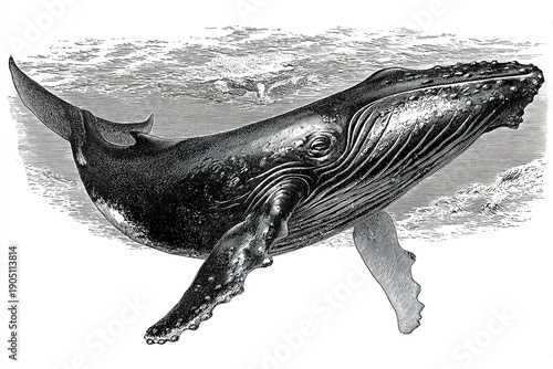 Humpback whale engraving detailed linework with textured skin and ocean background, classic vintage style marine animal illustration with crosshatch shading and realistic features