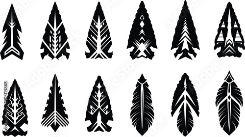 Collection of Twelve Detailed Black Silhouettes Featuring Tribal Arrowheads and Sacred Feathers with Geometric Pattern Inlays for Indigenous Culture and Ancient Artifact Graphic Designs