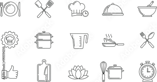 Kitchen and cooking line icon set featuring chef hat, steamer pot, and culinary utensils vector.