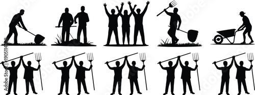 Agricultural workers silhouette vector illustration showing farming teamwork, digging tools, pitchforks, wheelbarrow labor, rural workforce activities, black farmer silhouettes