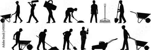 Construction and gardening worker silhouettes set with wheelbarrow, shovel, rake, lawn mower, manual labor activities, black vector illustration