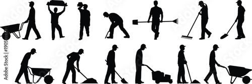 Construction and gardening worker silhouettes set showing laborers using wheelbarrow, shovel, rake, mower, tools, outdoor work activities vector illustration