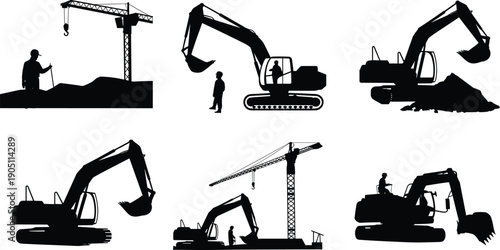 Construction machinery silhouettes featuring excavators and tower cranes with workers, heavy equipment operations, industrial building site, black vector illustration set