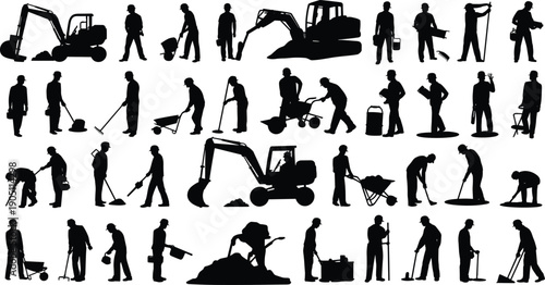 Construction and industrial worker silhouettes collection with machinery, tools, manual labor activities, heavy equipment operators, black vector illustration isolated on white background