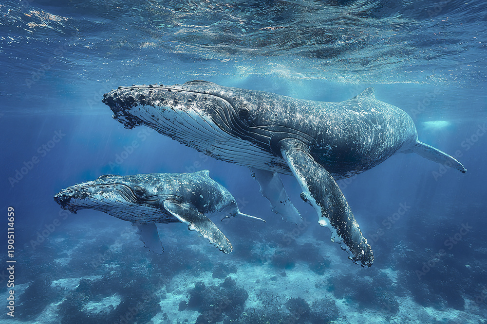 Fototapeta premium Humpback whale mother and calf swimming underwater in clear blue ocean with sunlight filtering through water, showing peaceful marine life in natural habitat