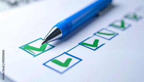 Checklist with Blue Pen and Green Checkmarks.