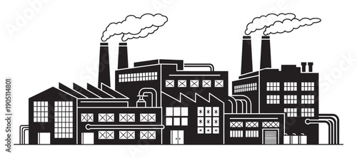 Industrial factory buildings vector illustration with smokestacks and pipes dark silhouette architecture