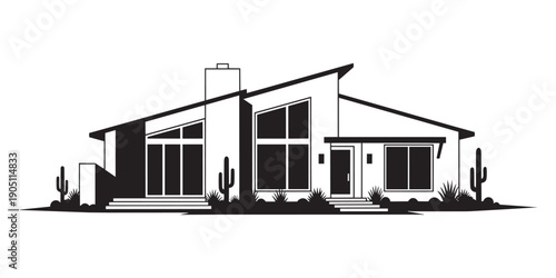 Modern desert house architecture vector illustration with cacti plants dark silhouette design