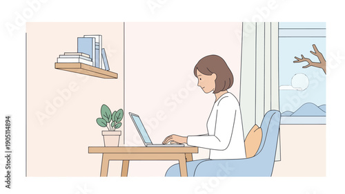 Woman Working on Laptop at Desk.