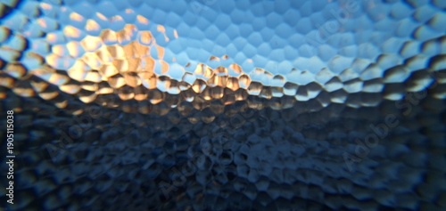 Premium Tech & Futurism
Abstract frosted glass texture with blue and golden light refraction. Modern honeycomb geometric pattern and soft bokeh distortion, perfect for technology backgrounds 