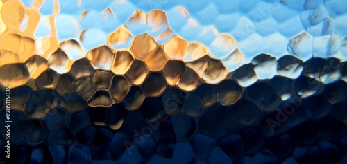 Abstract frosted glass with techno futurism light refraction. Modern honeycomb geometric pattern and blue gold bokeh distortion, ideal for futuristic technology and web backgrounds