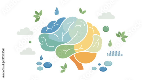 Human Brain Illustration with Nature Elements.