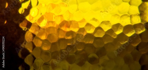 Techno futurism abstract with yellow glass refraction. Golden geometric honeycomb pattern and warm bokeh distortion, perfect for high-tech backgrounds and luxury digital design