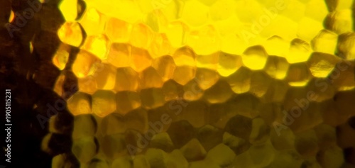 Techno futurism abstract with yellow glass refraction. Golden geometric honeycomb pattern and warm bokeh distortion, perfect for high-tech backgrounds and luxury digital design