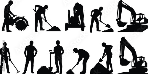 Construction worker silhouettes set with heavy machinery, excavator and loader, manual labor activities, industrial building site concept, black vector illustration