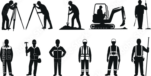 Construction worker silhouettes set with surveyors, excavator operator, engineers and laborers, industrial workforce concept, black vector illustration isolated