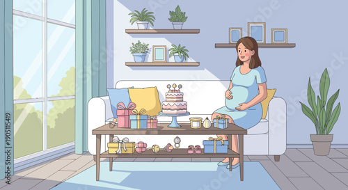 Pregnant Woman at Baby Shower with Gifts and Cake.