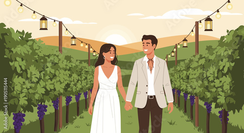 Romantic Vineyard Wedding Couple Strolling HandinHand at Sunset.