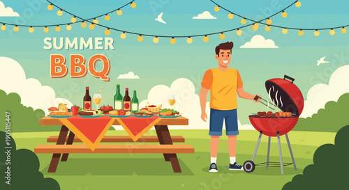 Summer BBQ Illustration Man Grilling with Picnic Table and Food.