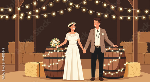 Rustic Wedding Celebration Bride and Groom Under Twinkling Lights.