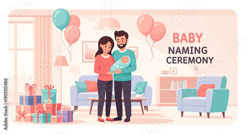Baby Naming Ceremony Celebration with Family and Gifts Illustration.