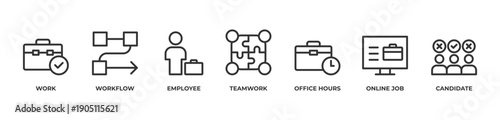 Smart Workflows Icons set vector illustration with Work, Workflow, Employee, Teamwork, Office hours, Online job, Candidate