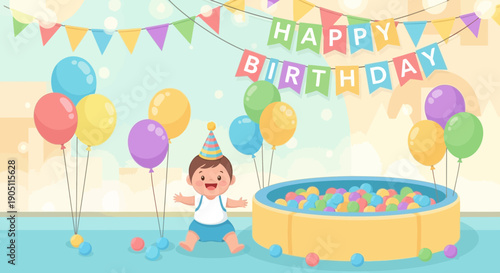 Joyful Toddlers Birthday Celebration with Balloons and Ball Pit.