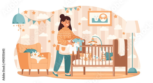 Mother preparing baby clothes in nursery with crib and decorations.