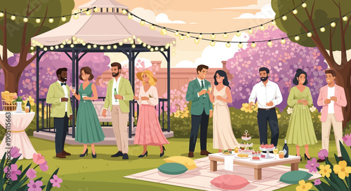 Outdoor Wedding Celebration with Guests and Newlyweds.