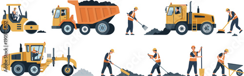 Construction workers and heavy machinery illustration featuring road roller dump truck grader shovel teamwork safety vector industrial construction site equipment