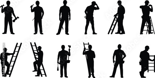 Handyman and construction worker silhouettes with tools and ladders, professional labor poses, industrial maintenance activities, safety work concept, black vector illustration
