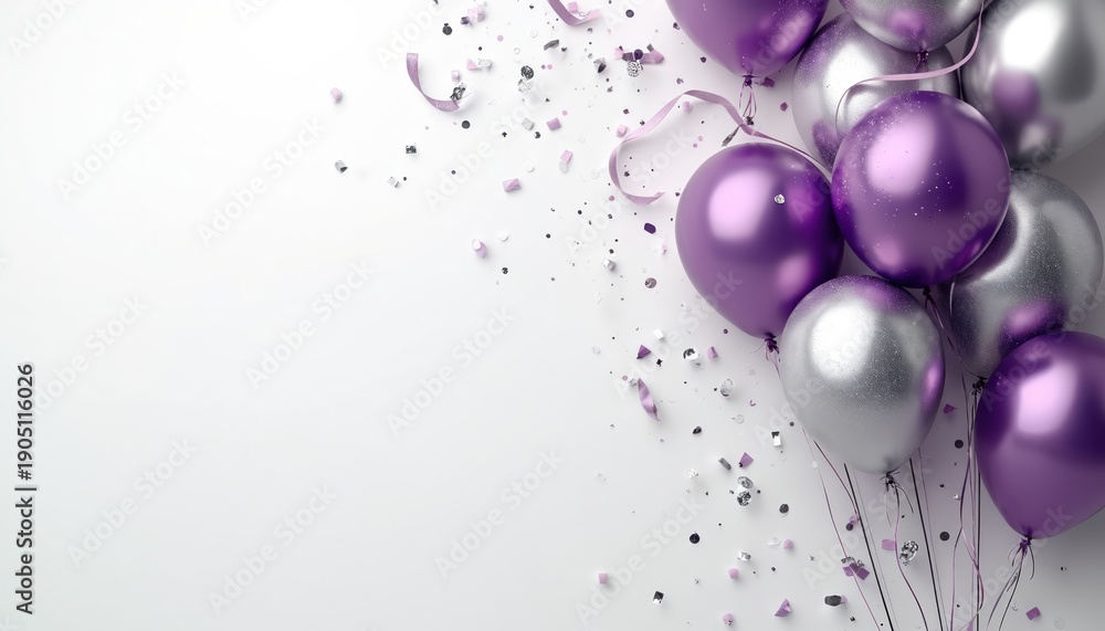 Fototapeta premium Shiny purple and silver balloons float with confetti and ribbons on white. Festive decoration for anniversary birthday or special event celebration. Glamorous air balls for party decor.
