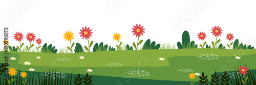 colorful spring garden with red and yellow flowers on green grass field